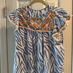 Blue and White Top with Colorful Embroidery